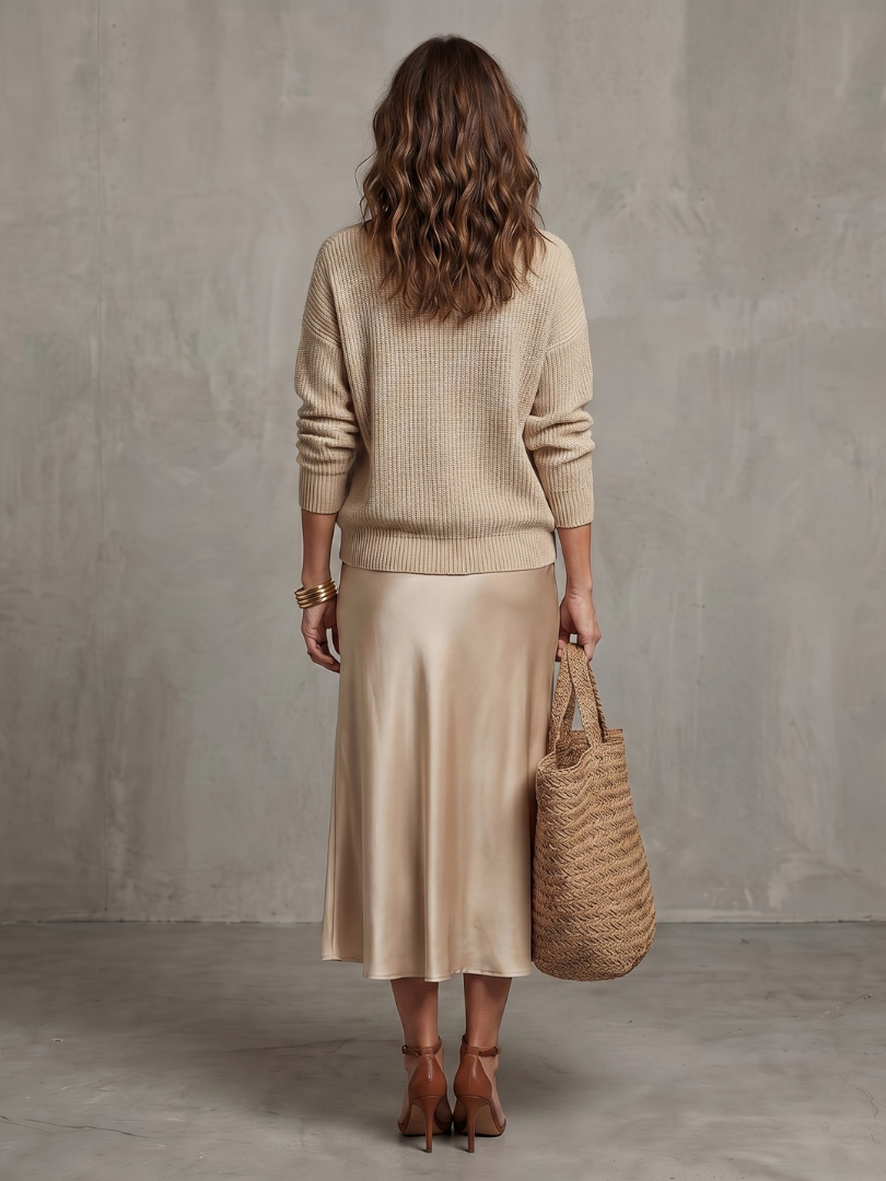 Luciana | Set gonna in satin a taglio obliquo con maglione in maglia