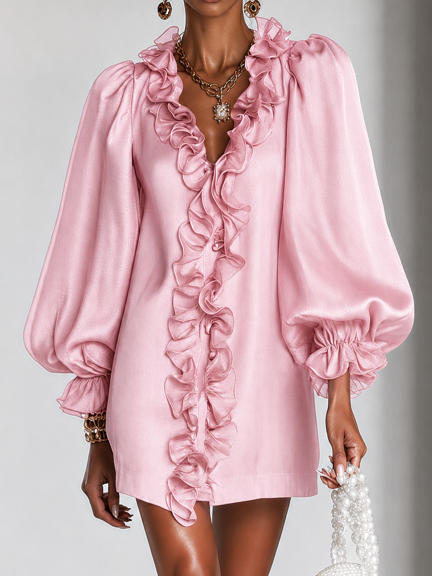 Abito mini in chiffon con maniche a sbuffo e rouches