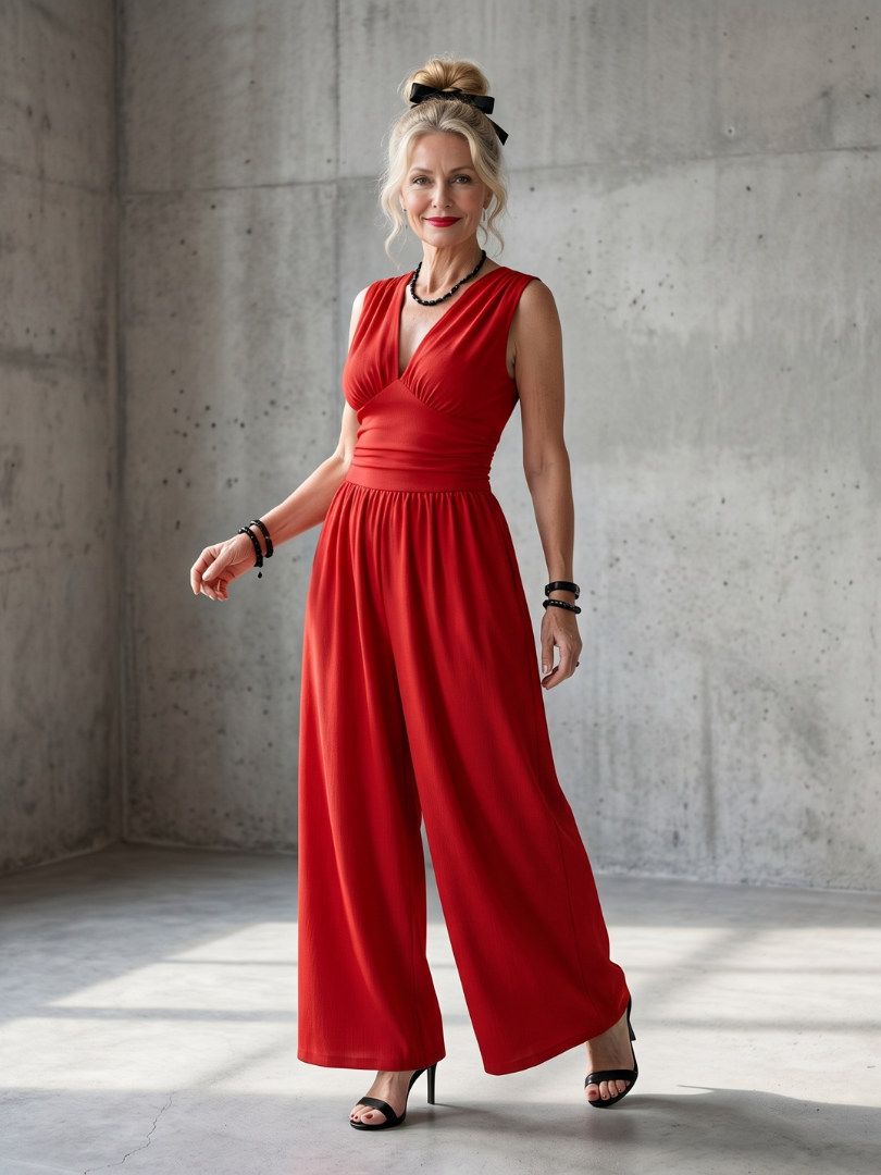 Vincenza | Jumpsuit a Vita Alta con Profondo Scollo a V e Gamba Larga