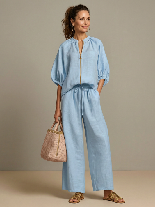 Natalia | Top Blouson con Zip Frontale e Pantaloni a Gamba Larga