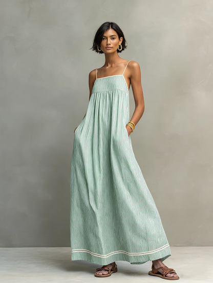 Camilla | Abito Maxi a Righe con Bordo Rosso