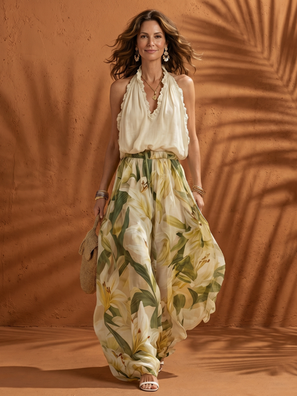 Solange | Blusa con Collo All'Americana e Set Pantaloni a Gamba Larga Floreale