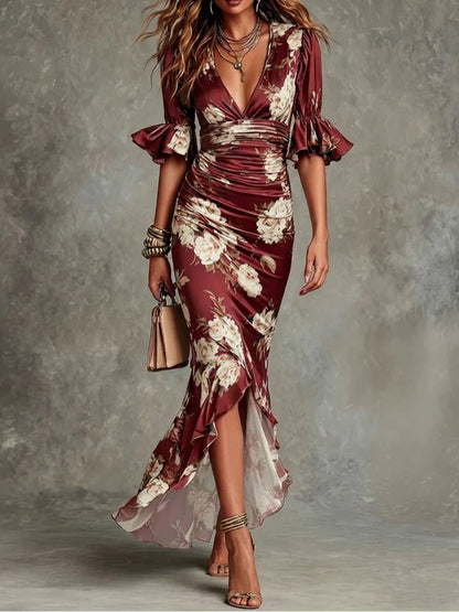 Abito Maxi Asimmetrico in Satin con Maniche a Campana Ruffle e Stampa Floreale Verde