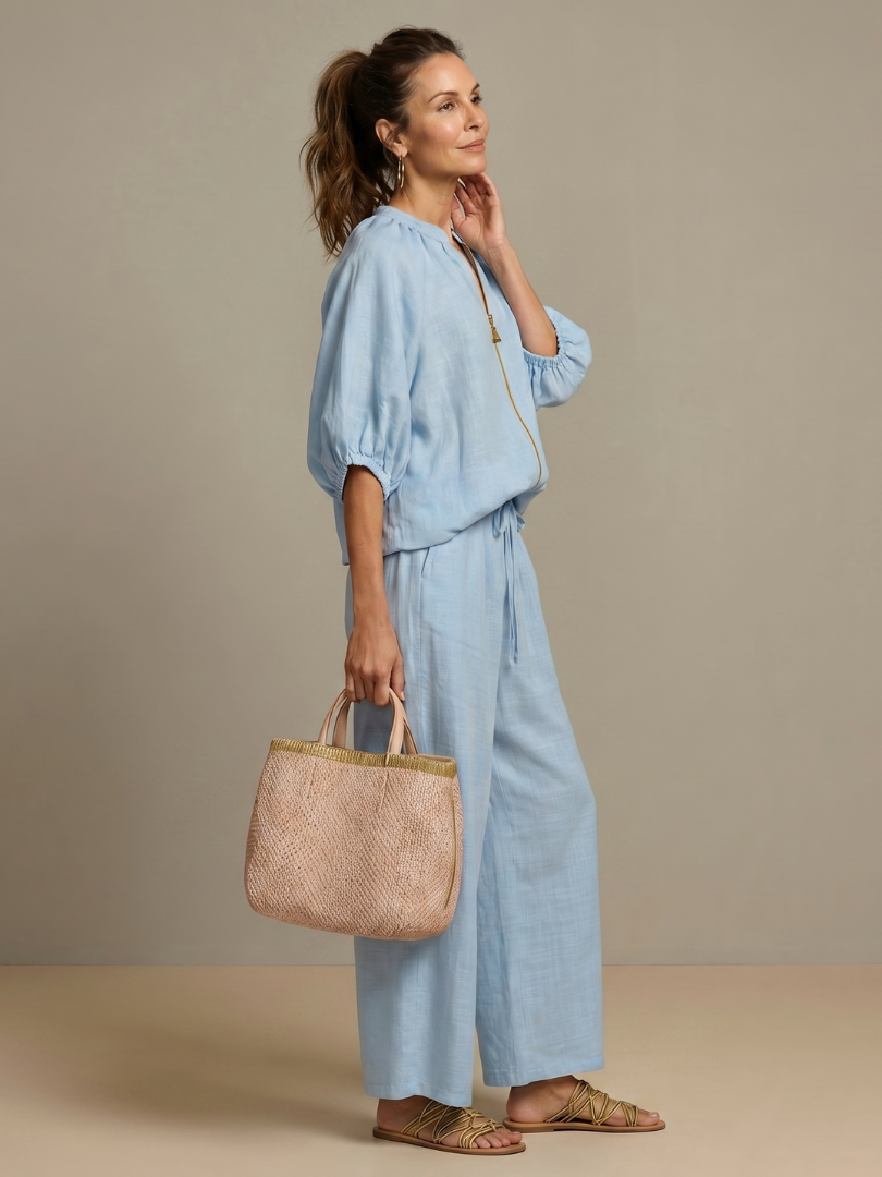Natalia | Top Blouson con Zip Frontale e Pantaloni a Gamba Larga