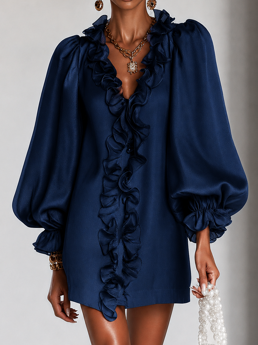 Abito mini in chiffon con maniche a sbuffo e rouches