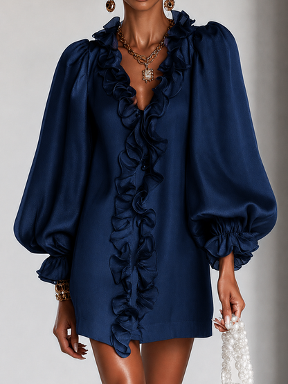 Abito mini in chiffon con maniche a sbuffo e rouches