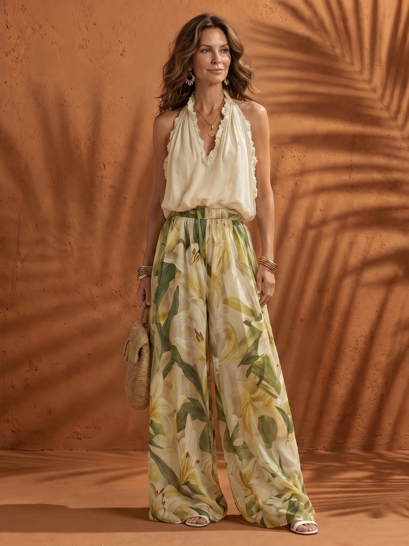 Solange | Blusa con Collo All'Americana e Set Pantaloni a Gamba Larga Floreale