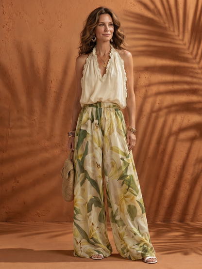 Solange | Blusa con Collo All'Americana e Set Pantaloni a Gamba Larga Floreale