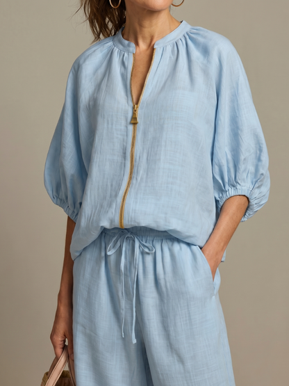 Natalia | Top Blouson con Zip Frontale e Pantaloni a Gamba Larga