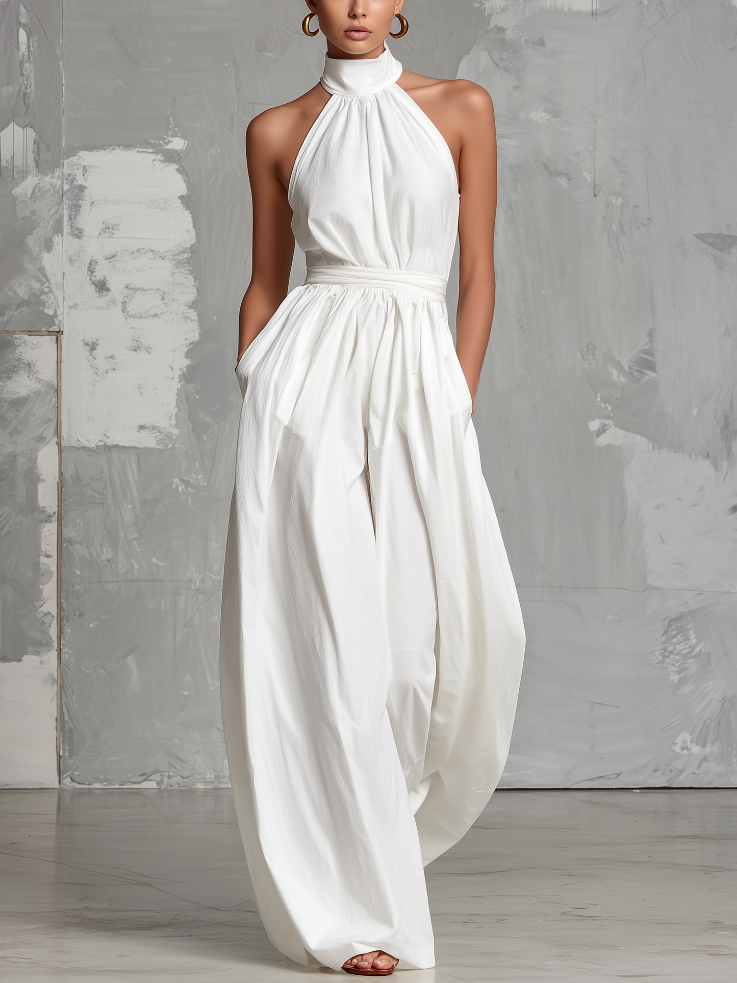 Zoltán | Elegante tuta bianca intrecciata senza maniche con collo a halter • S1