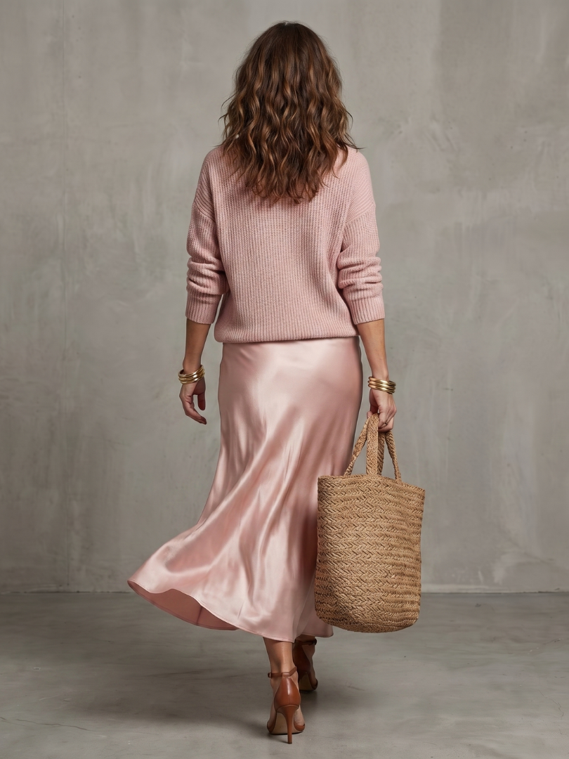 Luciana | Set gonna in satin a taglio obliquo con maglione in maglia