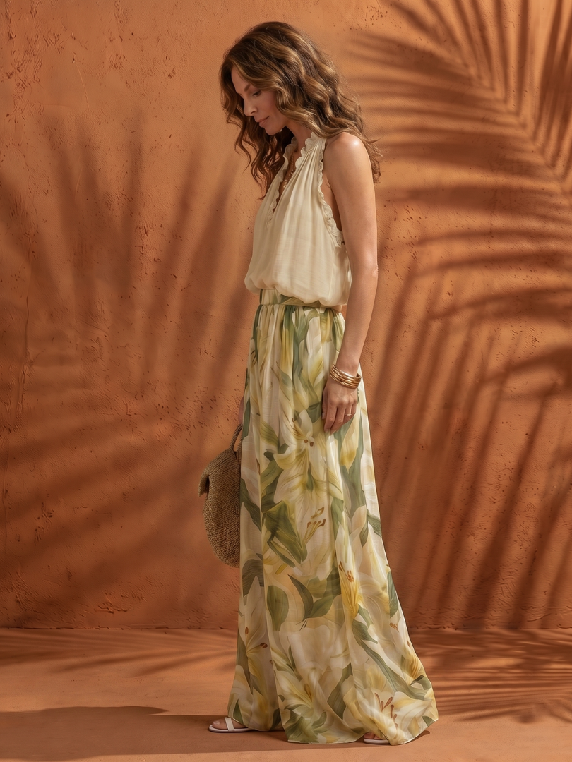 Solange | Blusa con Collo All'Americana e Set Pantaloni a Gamba Larga Floreale