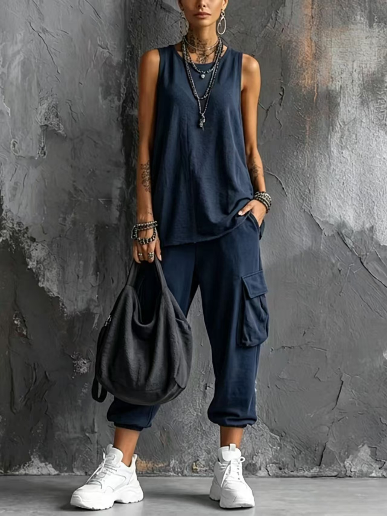 Completo Casual con Gilet Grigio Scuro e Pantaloni Cargo Jogger