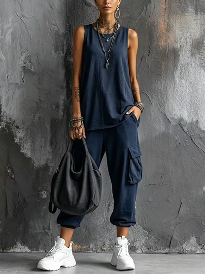 Completo Casual con Gilet Grigio Scuro e Pantaloni Cargo Jogger