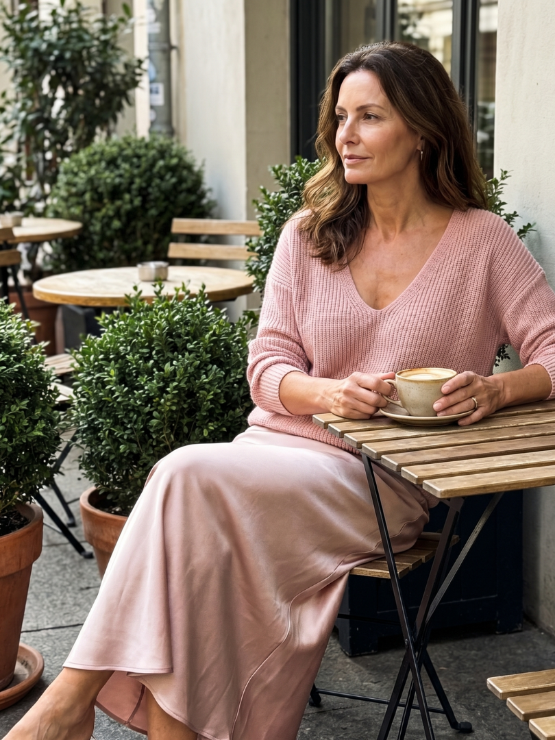 Luciana | Set gonna in satin a taglio obliquo con maglione in maglia