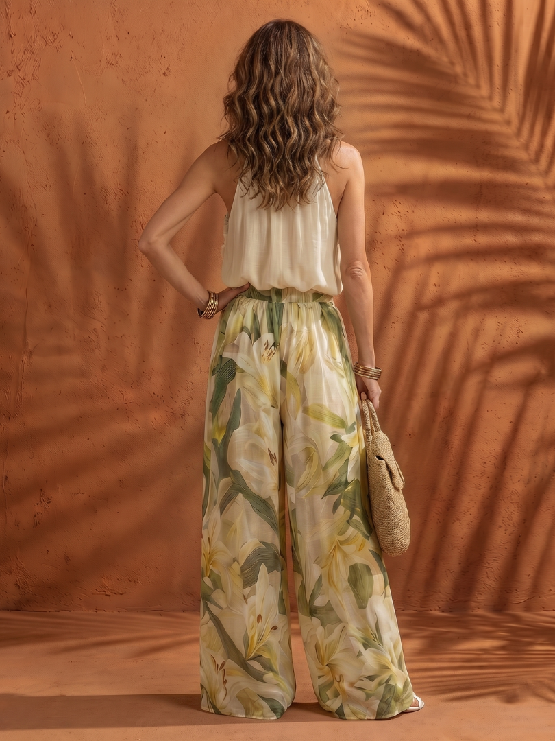 Solange | Blusa con Collo All'Americana e Set Pantaloni a Gamba Larga Floreale