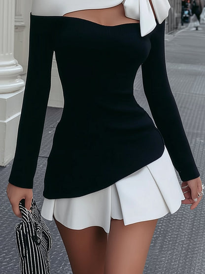 Faustine | Abito Mini Bianco e Nero con Spalline e Fiocco Cucito