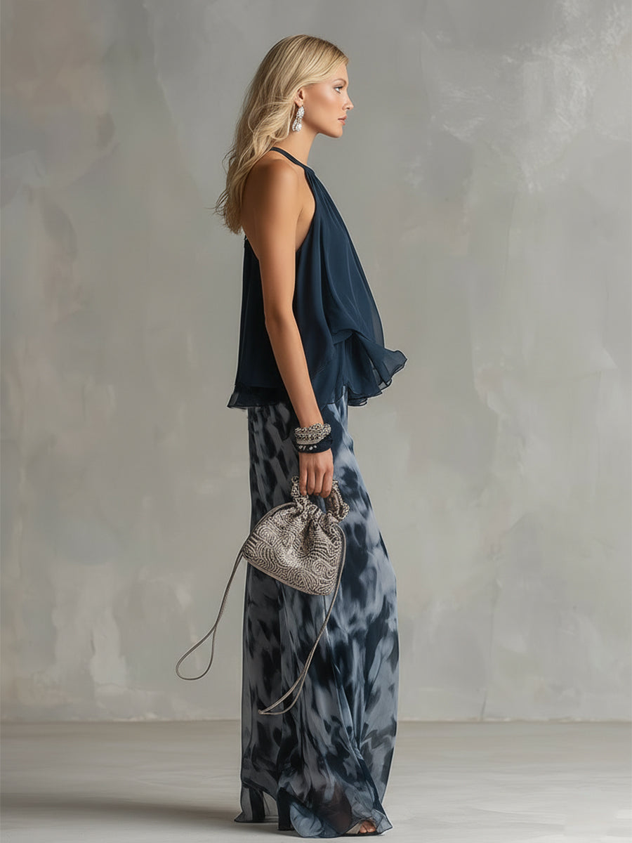 Ludovica – Set elegante in chiffon con top a collo alto e pantaloni a gamba larga stampati • S1
