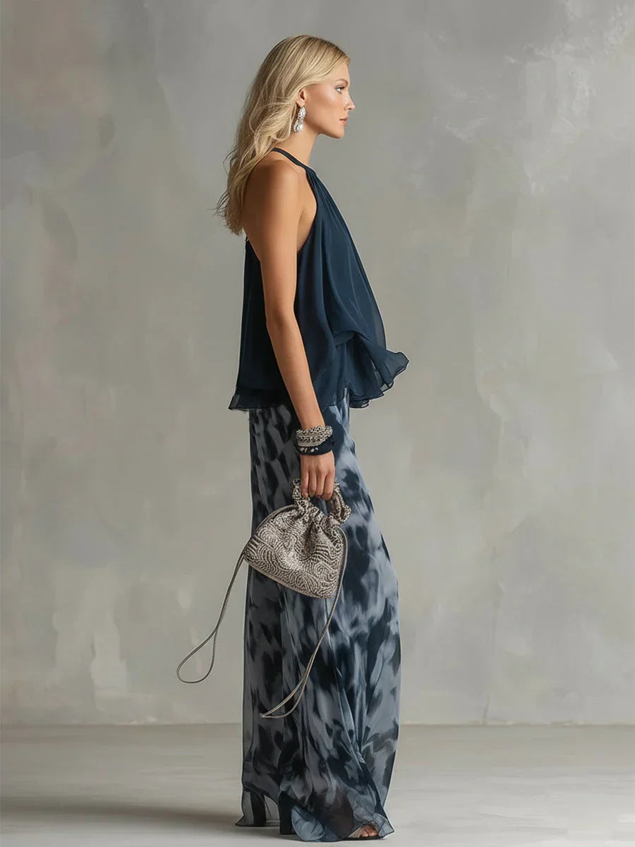 Ludovica – Set elegante in chiffon con top alto e pantaloni stampati a gamba larga