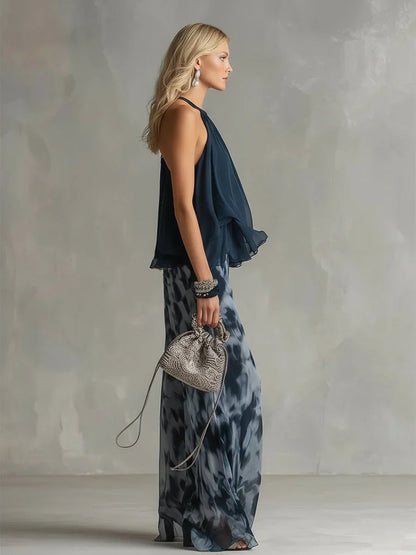 Ludovica – Set elegante in chiffon con top alto e pantaloni stampati a gamba larga