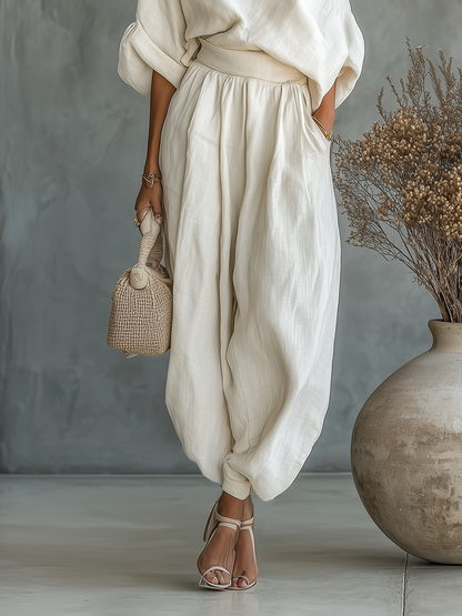 Set in Lino Off-White per Donna con Top Scoperto e Pantaloni Svasati • S1