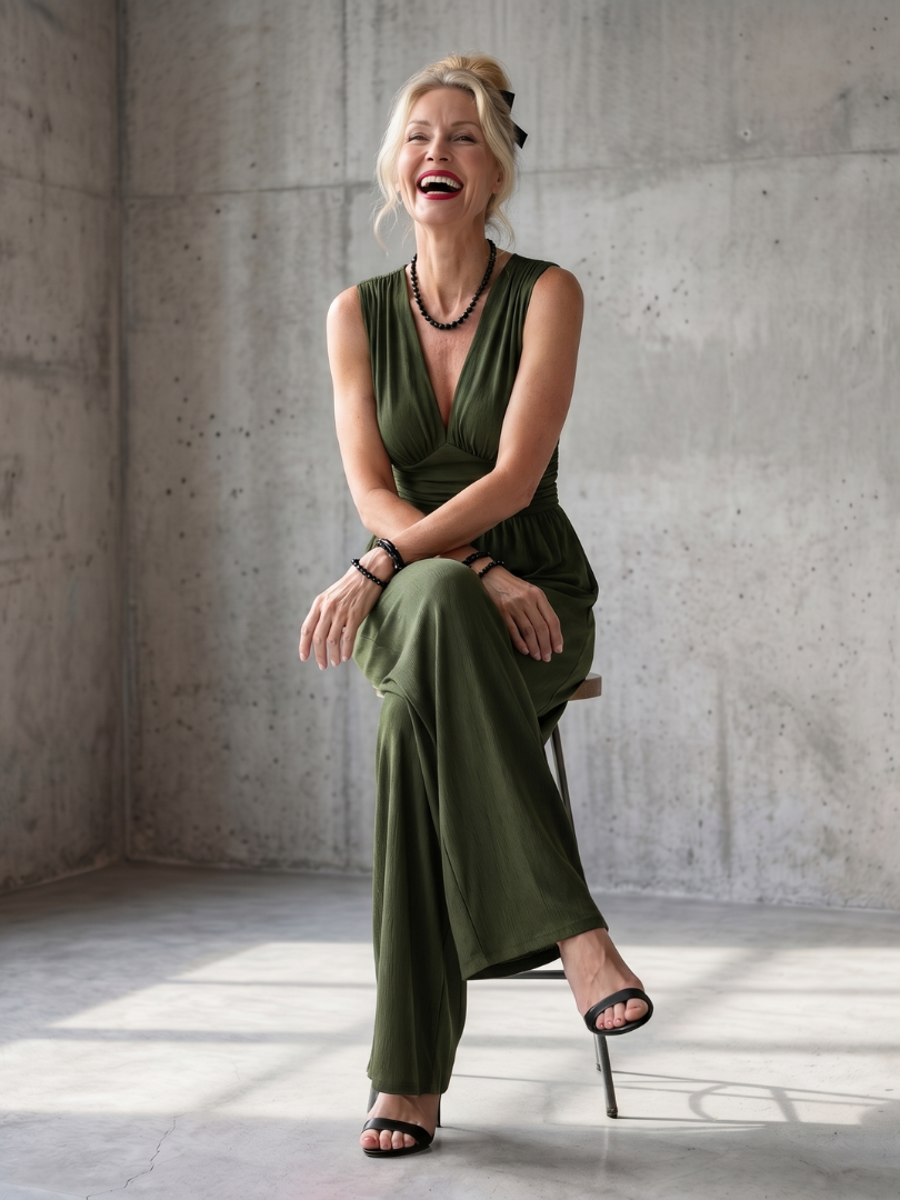 Vincenza | Jumpsuit a Vita Alta con Profondo Scollo a V e Gamba Larga
