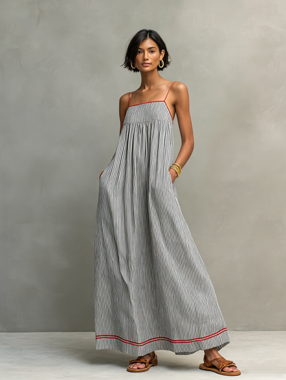 Camilla | Abito Maxi a Righe con Bordo Rosso