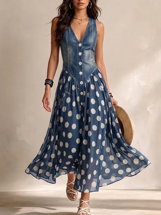 Brenda | Abito in denim elegante con gonna in chiffon a pois