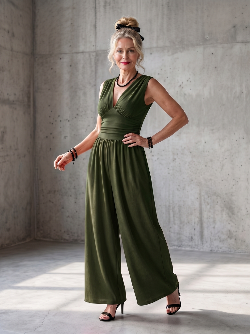 Vincenza | Jumpsuit a Vita Alta con Profondo Scollo a V e Gamba Larga