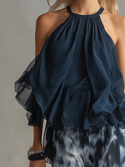 Ludovica – Set elegante in chiffon con top a collo alto e pantaloni a gamba larga stampati • S1