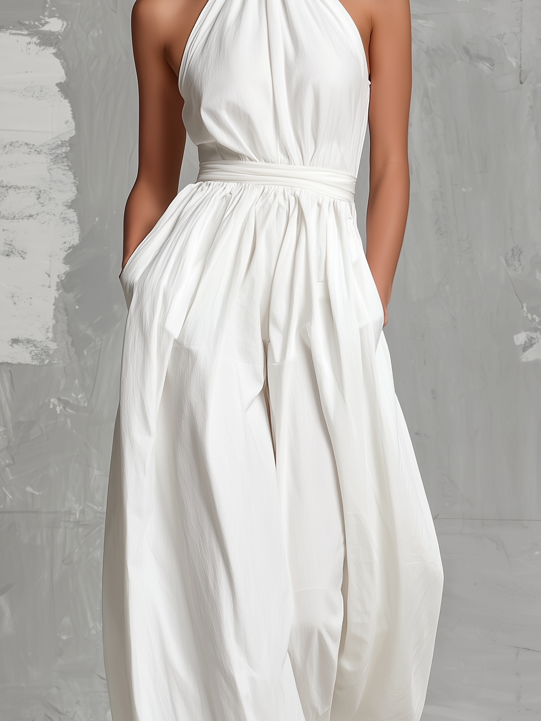 Zoltán | Elegante tuta bianca intrecciata senza maniche con collo a halter • S1
