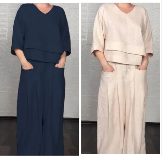 Liza | Set in cotone-lino a 2 pezzi – Top con scollatura a V e pantaloni a gamba larga • S1
