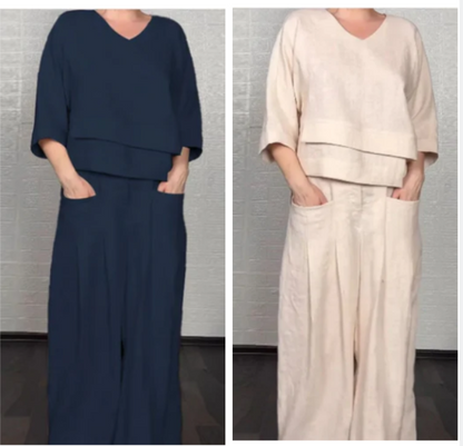 Liza | Set in cotone-lino a 2 pezzi – Top con scollatura a V e pantaloni a gamba larga • S1