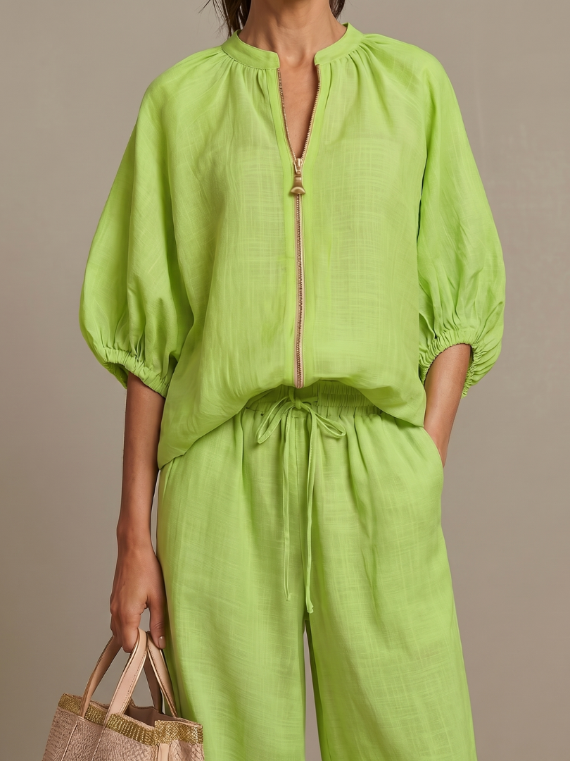 Natalia | Top Blouson con Zip Frontale e Pantaloni a Gamba Larga