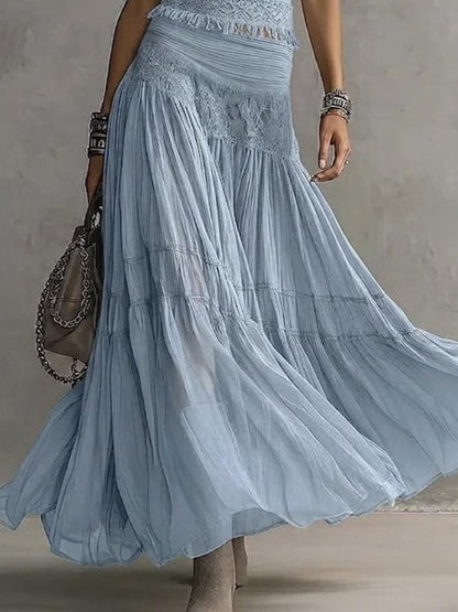 SET TOP CON PANNELLI IN PIZZO BLU E GONNA MAXI PLISSETTATA