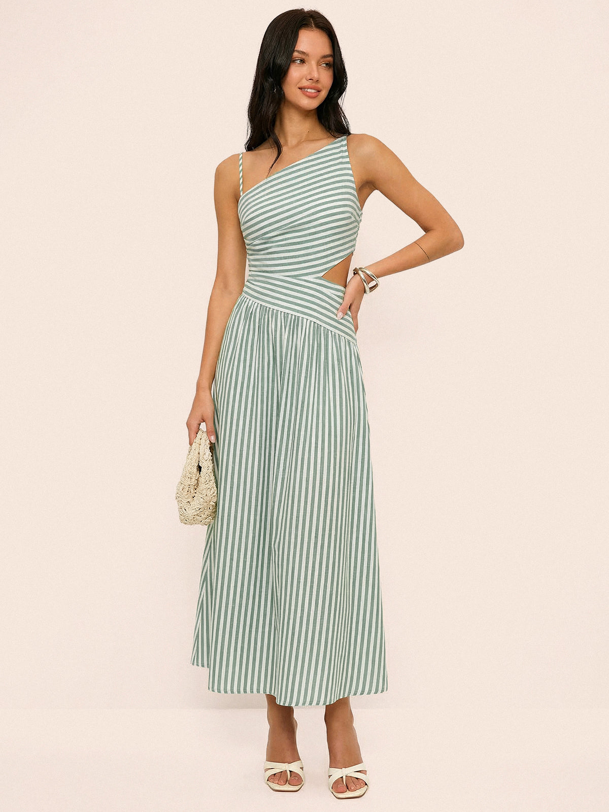 Abito Maxi Asimmetrico con Cut-Out a Strisce