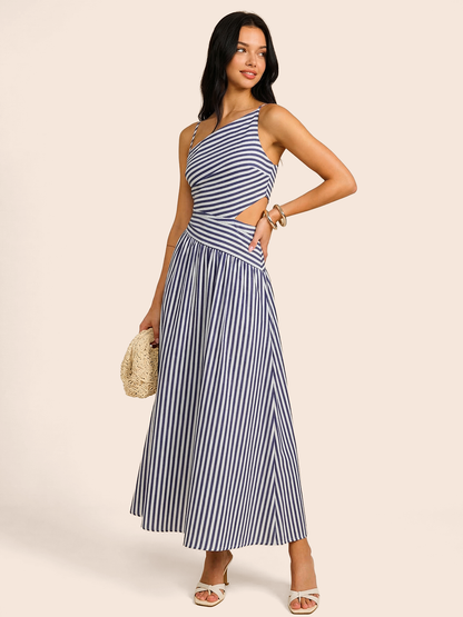 Abito Maxi Asimmetrico con Cut-Out a Strisce