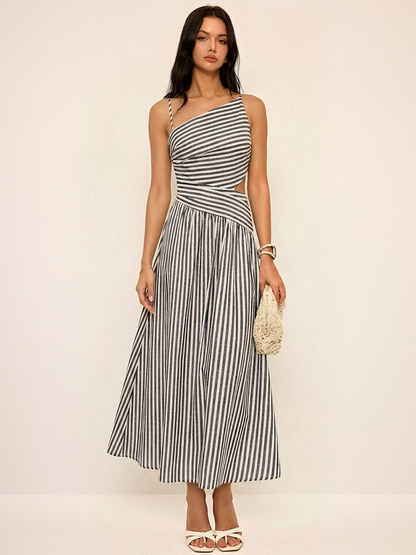 Abito Maxi Asimmetrico con Cut-Out a Strisce