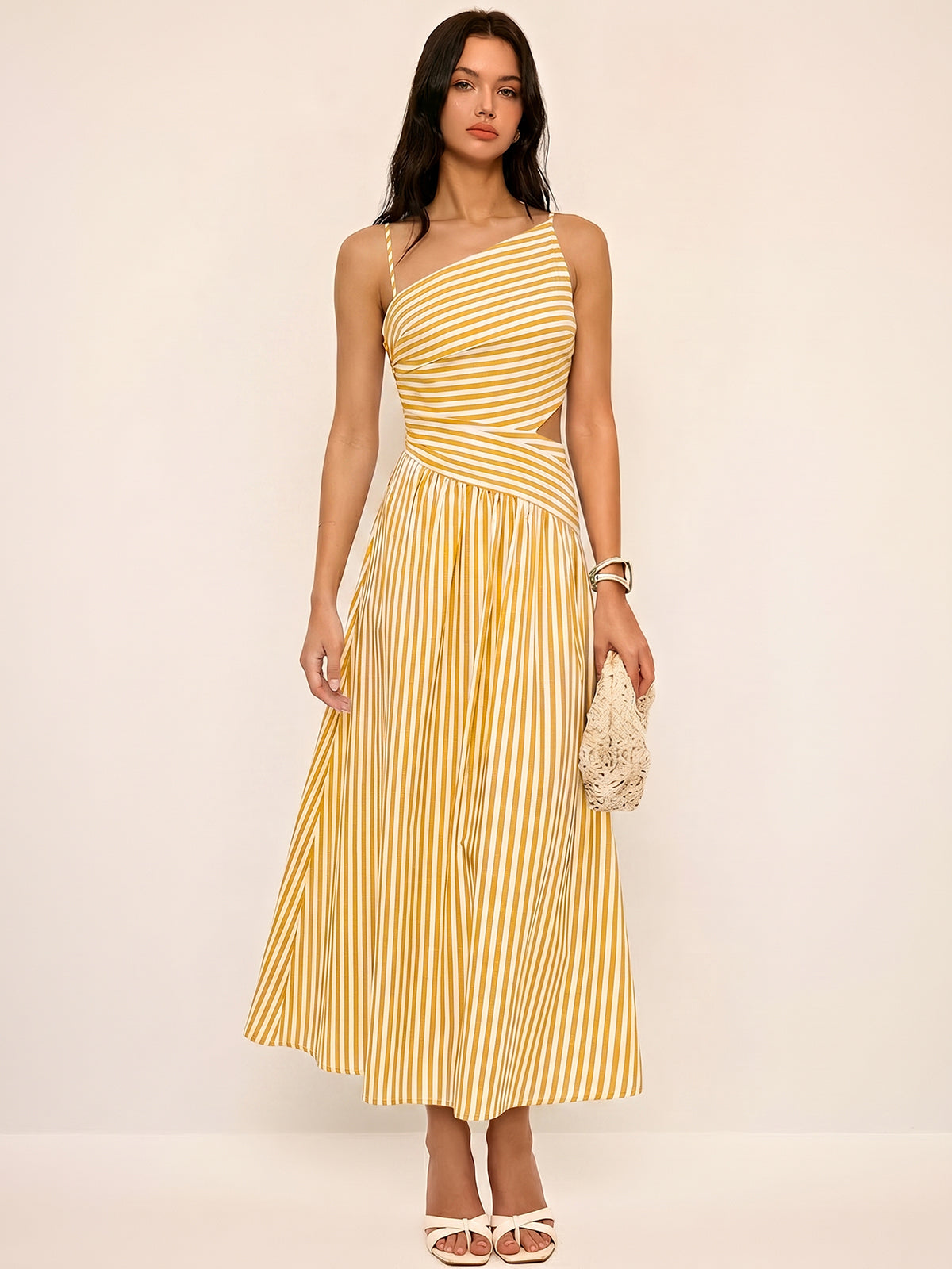 Abito Maxi Asimmetrico con Cut-Out a Strisce
