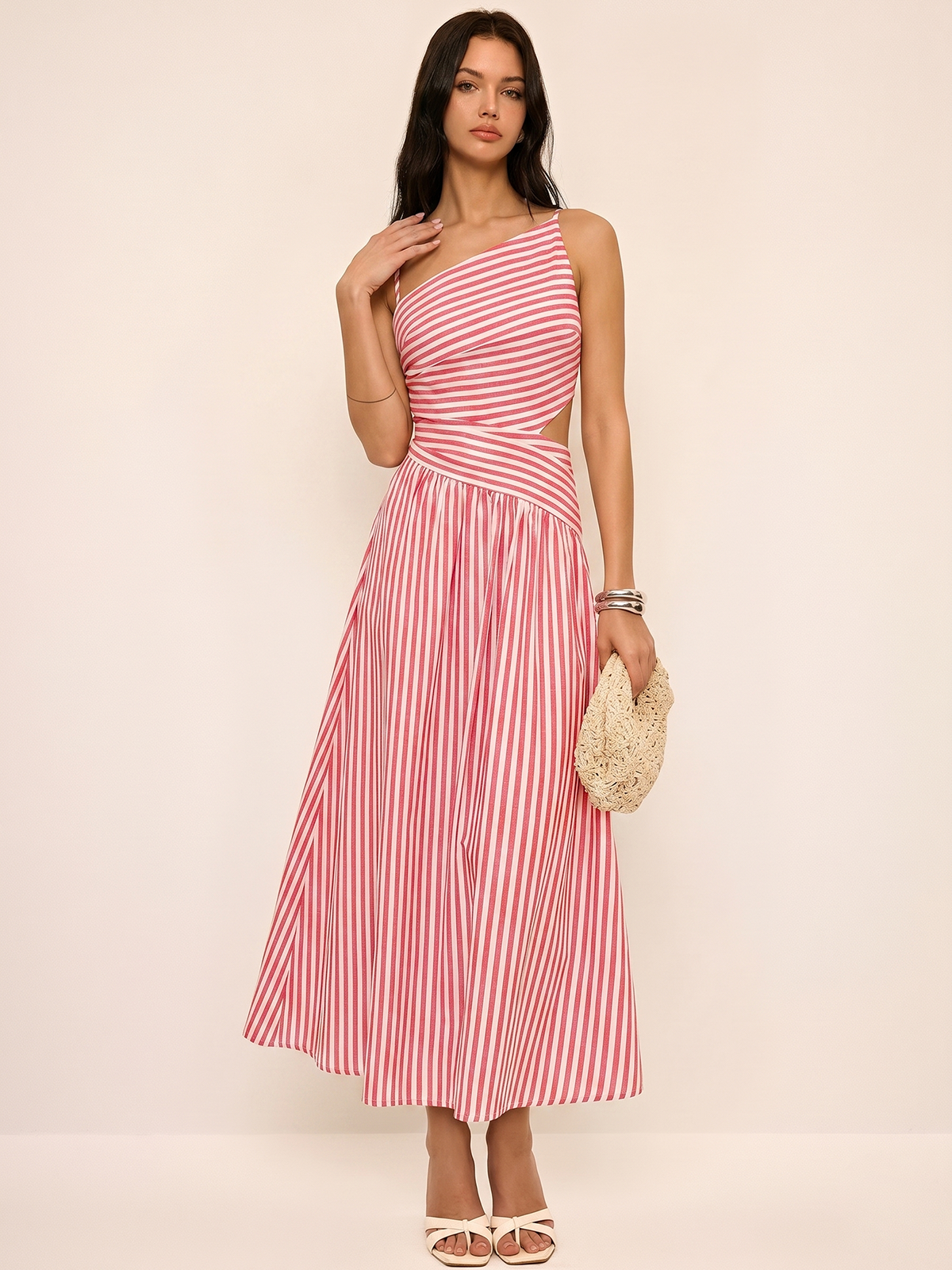 Abito Maxi Asimmetrico con Cut-Out a Strisce
