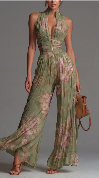 Zsófia Jumpsuit | Tuta in chiffon verde plissettato