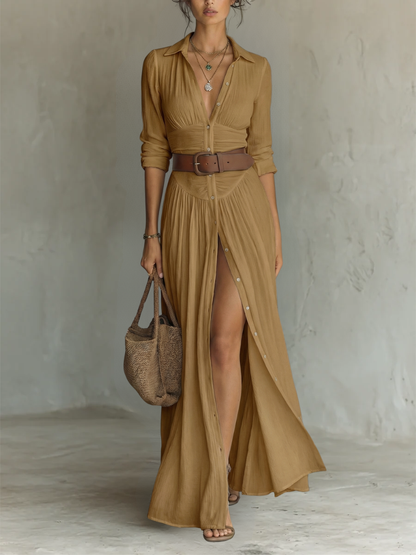 Robe Maxi Col Revers à Manches Longues
