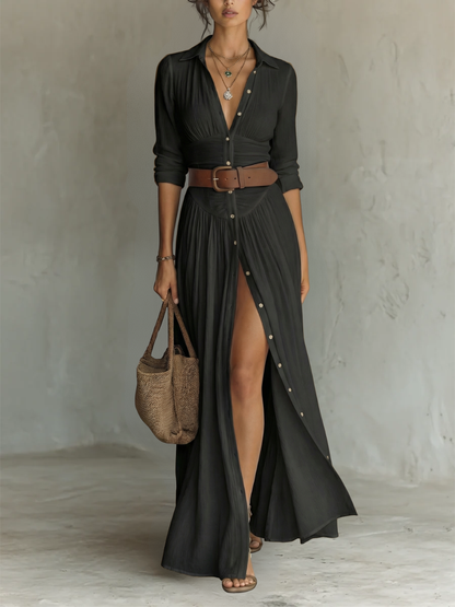 Abito Maxi Lungo con Collo a V e Maniche Lunghe per Donne • S1