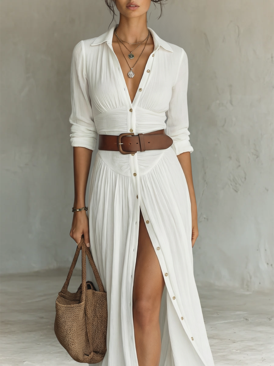 Abito Maxi Lungo con Collo a V e Maniche Lunghe per Donne • S1