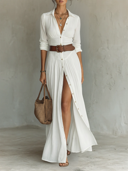Abito Maxi Lungo con Collo a V e Maniche Lunghe per Donne • S1