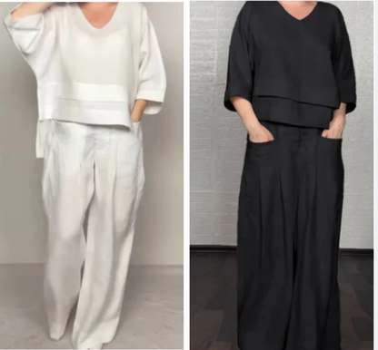 Liza | Set in cotone-lino a 2 pezzi – Top con scollatura a V e pantaloni a gamba larga • S1