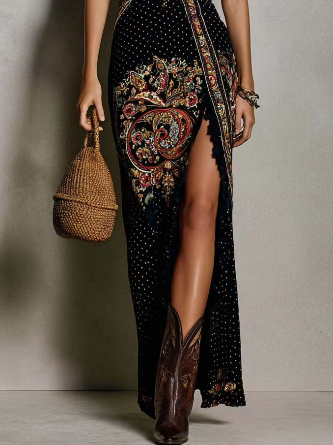 Abito Stampato in Stile Bohemien con Scollatura a V Profonda e Alta Fessura