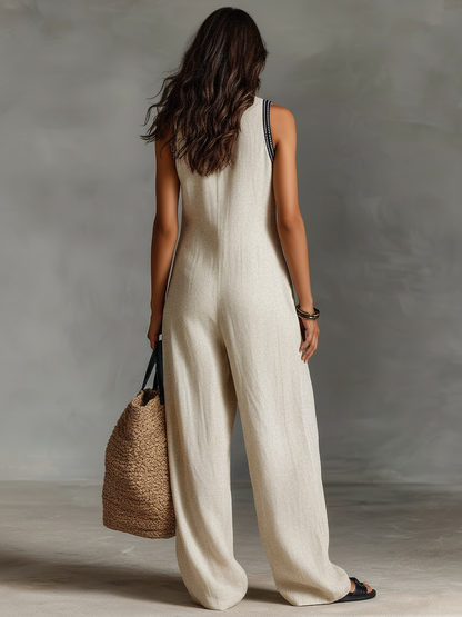 Salopette minimalista in lino per donne con zip e colletto alto