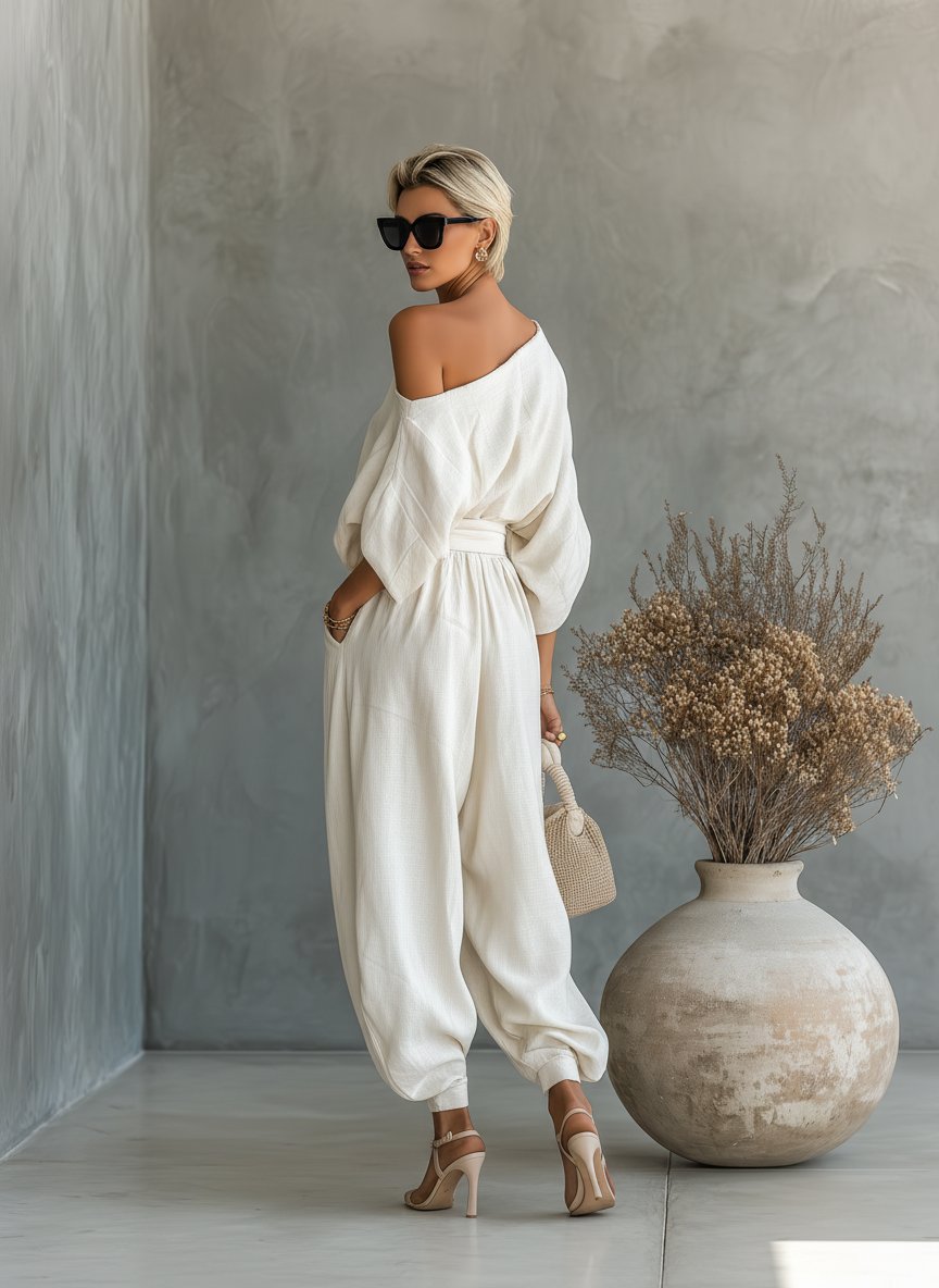 Set in lino bianco sporco da donna con top off-shoulder e pantaloni tapered • S1