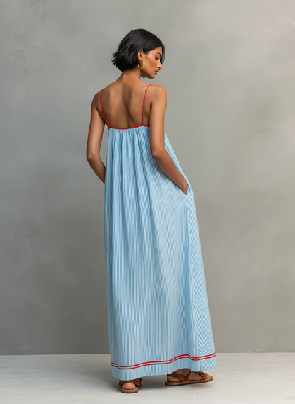 Camilla | Abito Maxi a Righe con Bordo Rosso